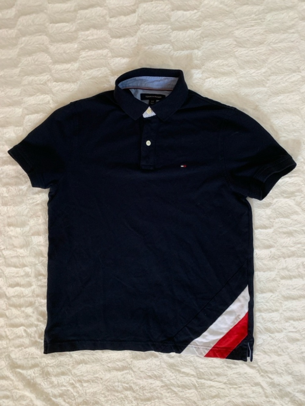 Tommy Hilfiger Navy Polo with Red & White Hem Stripe